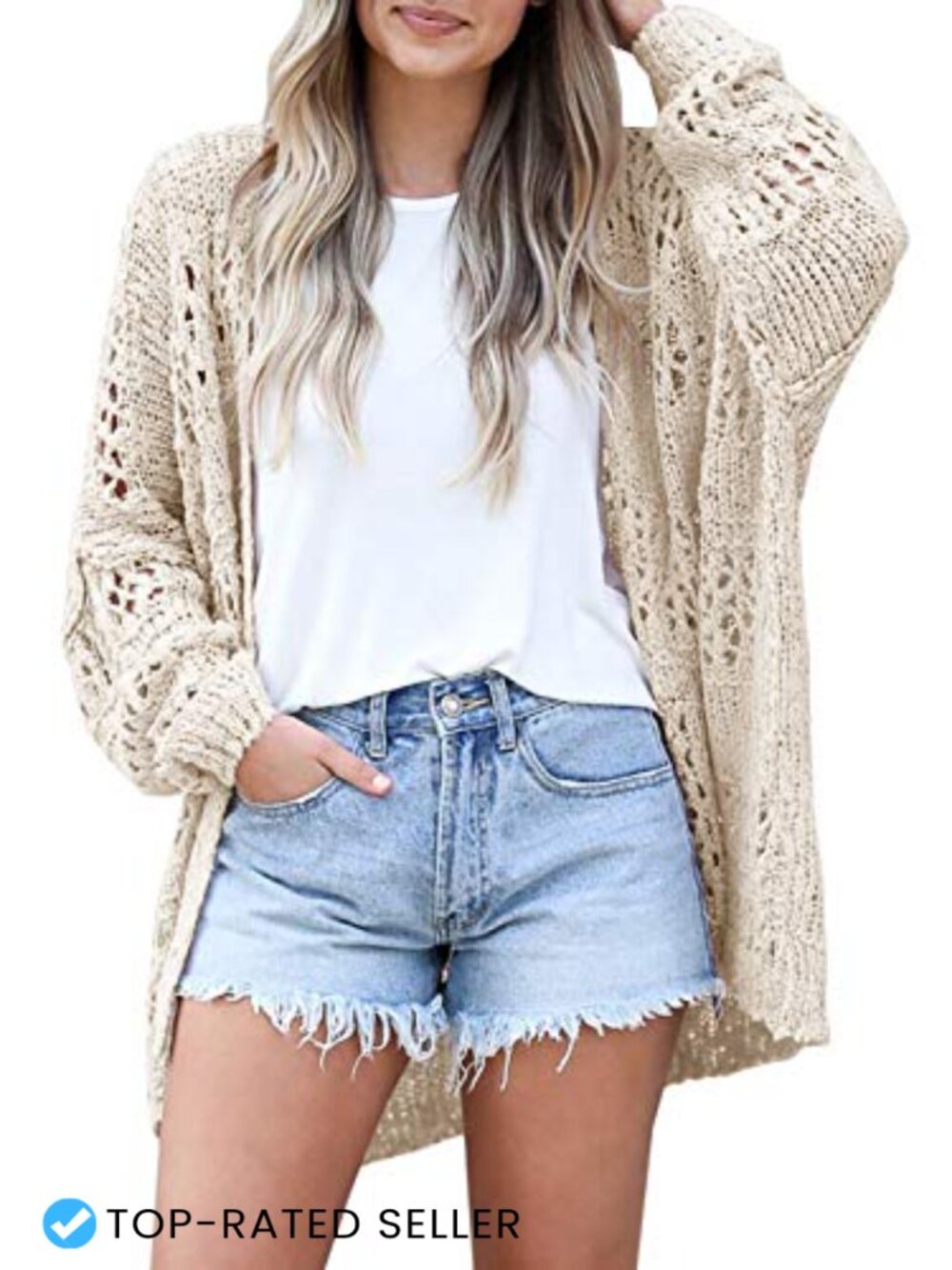 Crochet Knit Open Front Cardigan Batwing Long Sleeve Oversized Lightweight